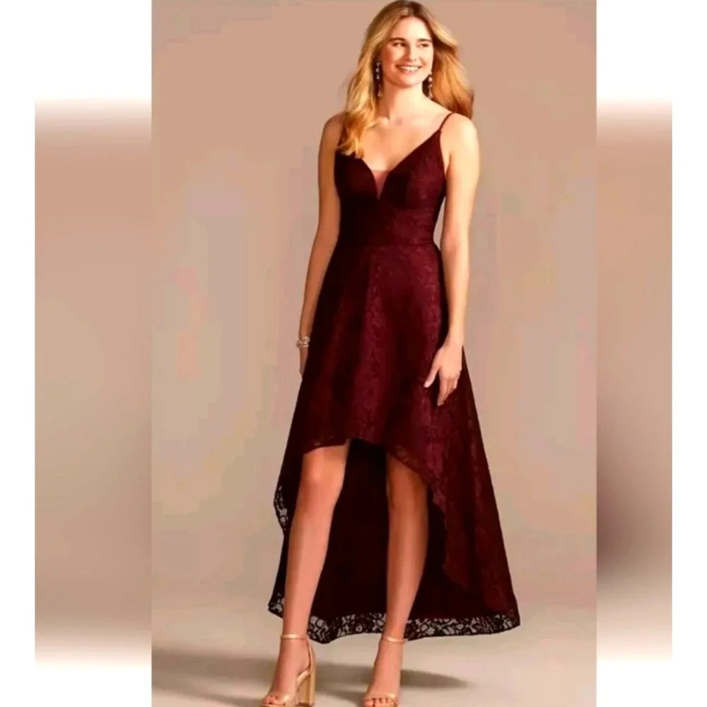 David's Bridal | Dresses | Davids Bridal Wbm240v3 Lace High Low Dress  Burgundy Formal Bridesmaid 2 Nwt | Poshmark